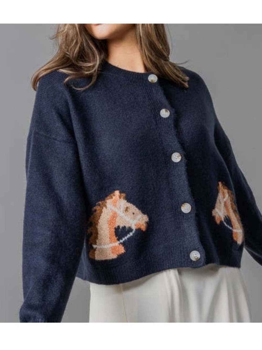 Navy Knit Horse Cardigan Button Front Equestrian Preppy Cottagecore Coquette